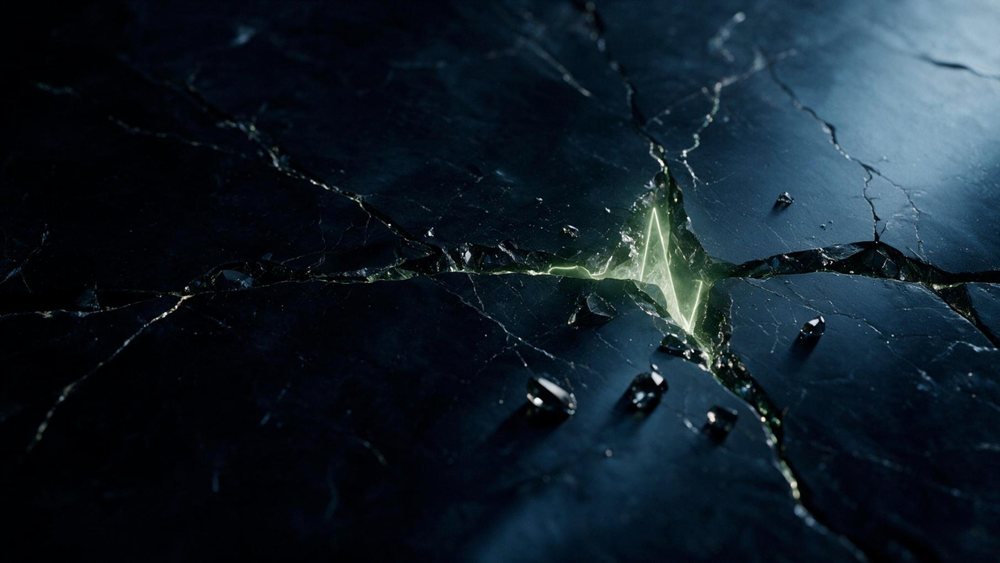 Black marble with a fracture shaped like a heartbeat, glowing sage green from inside
